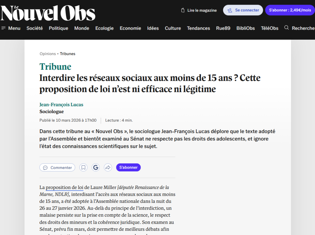 Image de la tribune de JF LUCAS sur l'interdiction des réseaux sociaux aux moins de 15 ans